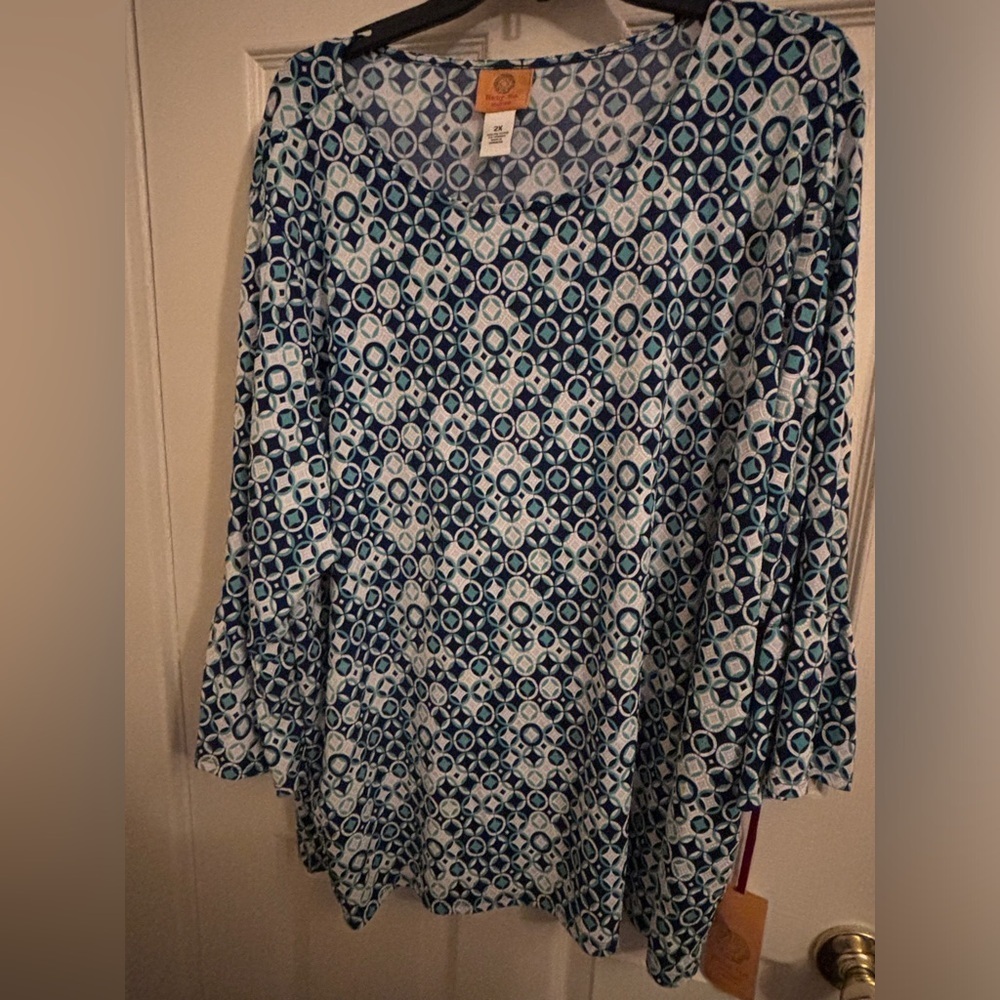 Ruby Rd. Blue Geometric Print Long Sleeve Top - Size 2X​